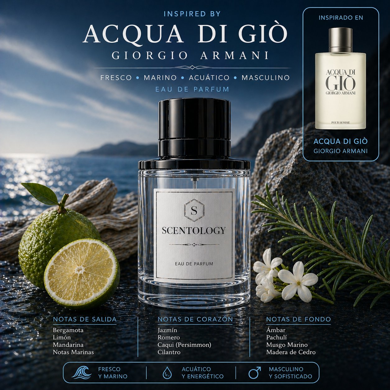Scentology AERIS, perfume para hombre inspirado en Acqua di Giò de Giorgio Armani