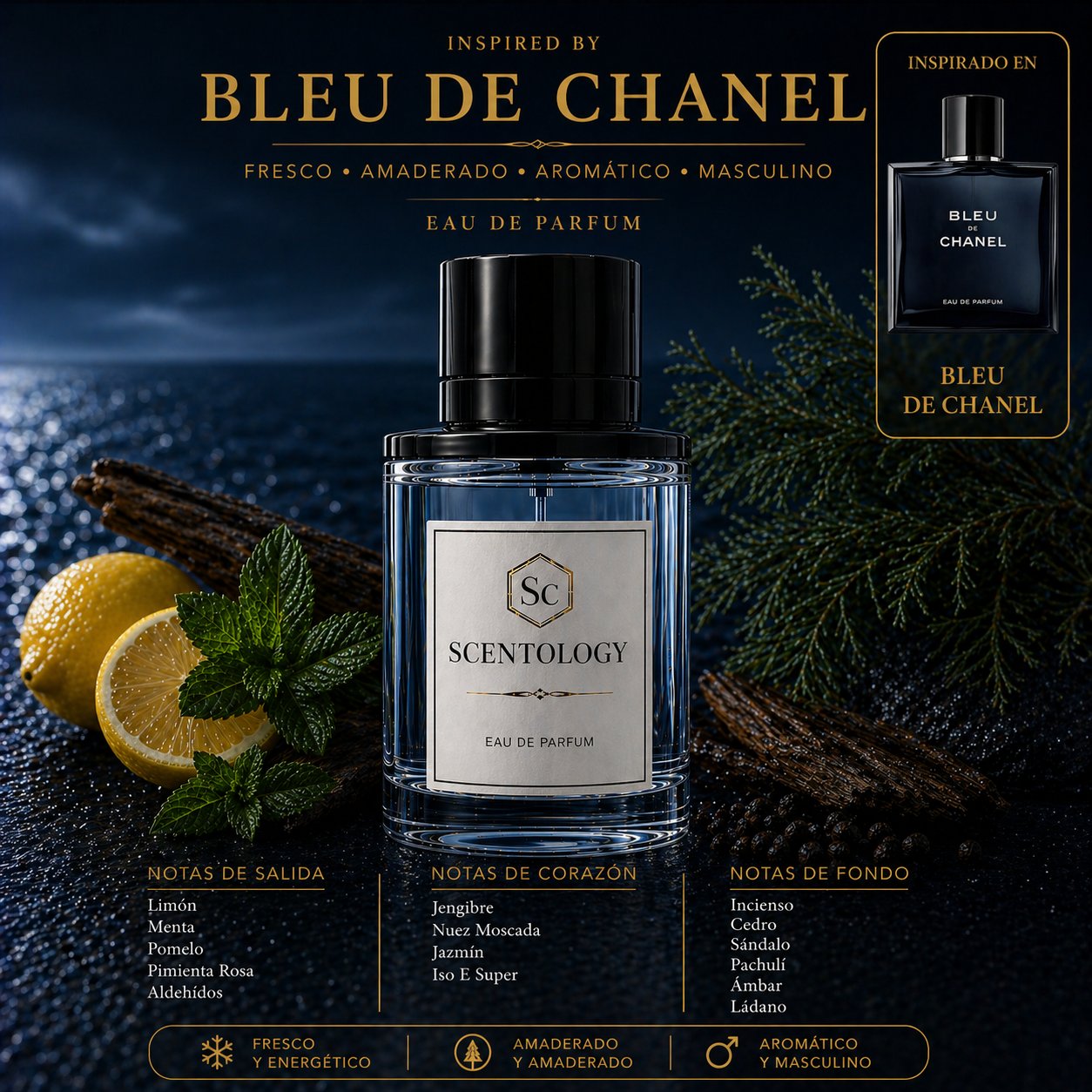 Perfume para hombre Scentology AZURE inspirado en Bleu de Chanel