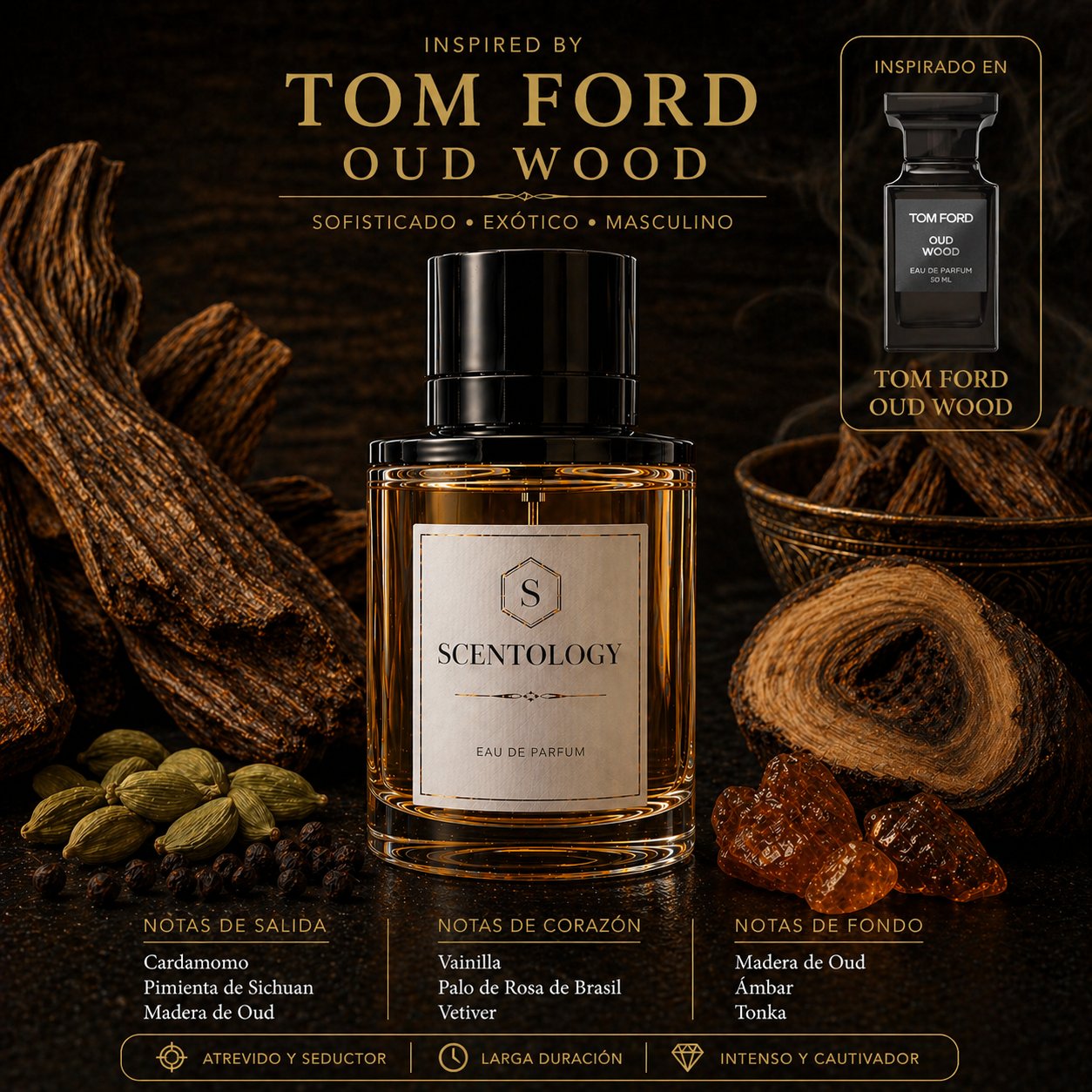 Scentology Blackwood, perfume para hombre inspirado en Oud Wood de Tom Ford
